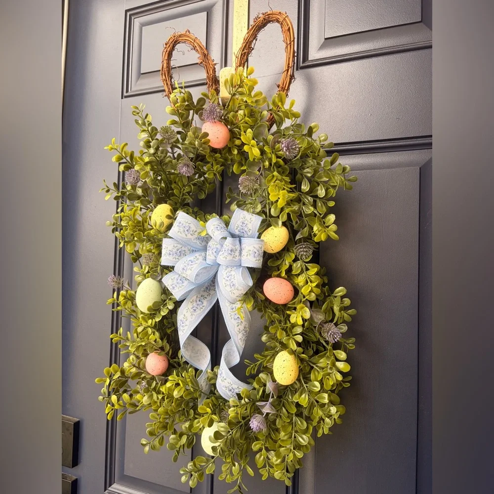Handmade Boxwood Easter Bunny Wreath with Pastel Eggs and Blue Bow 28” x 13”